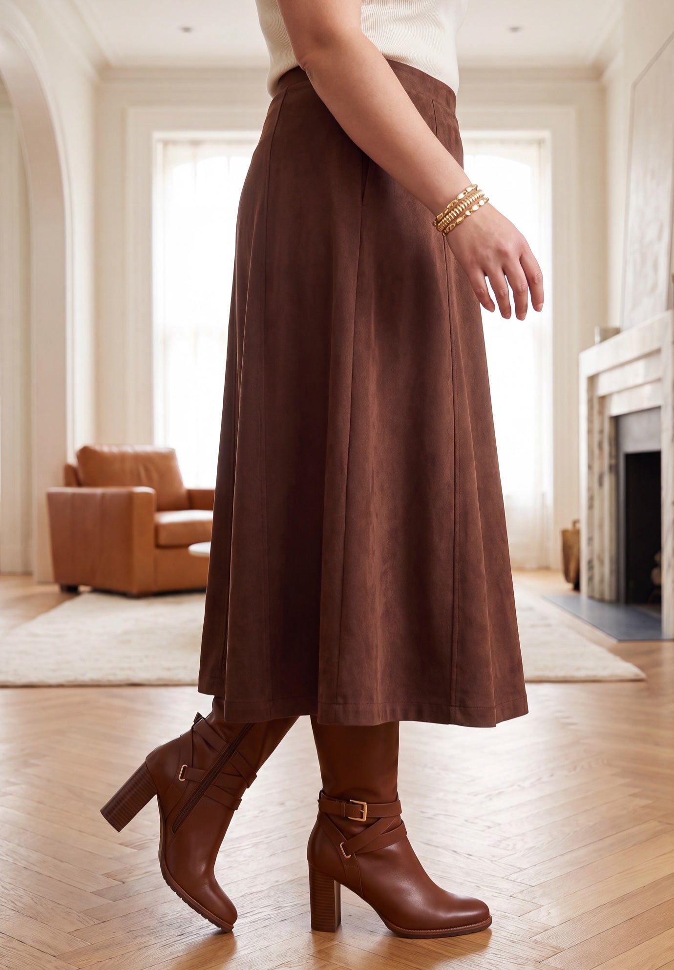 Stretch Faux Suede A-Line Midi Skirt image number 2