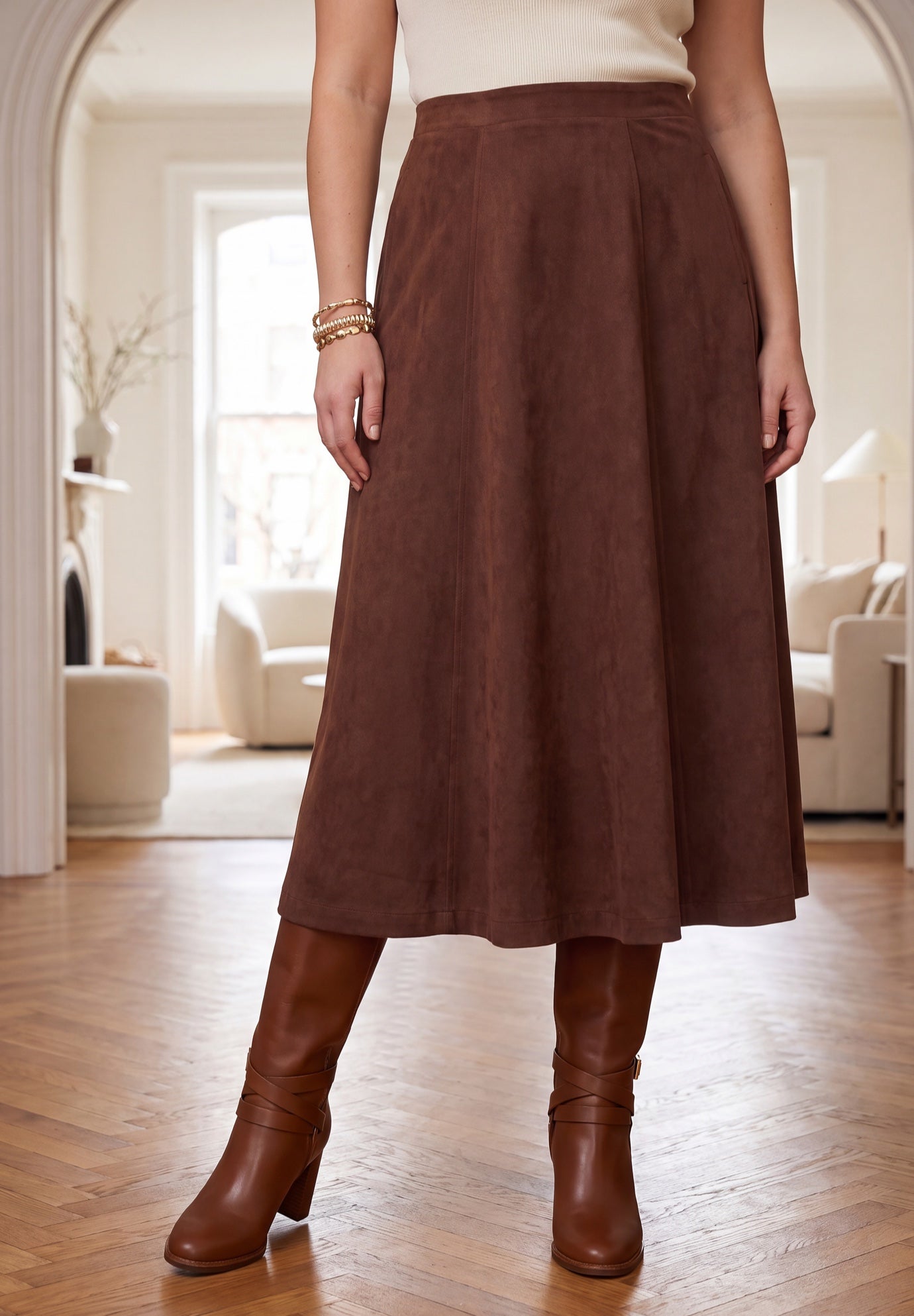 Stretch Faux Suede A-Line Midi Skirt image number 0