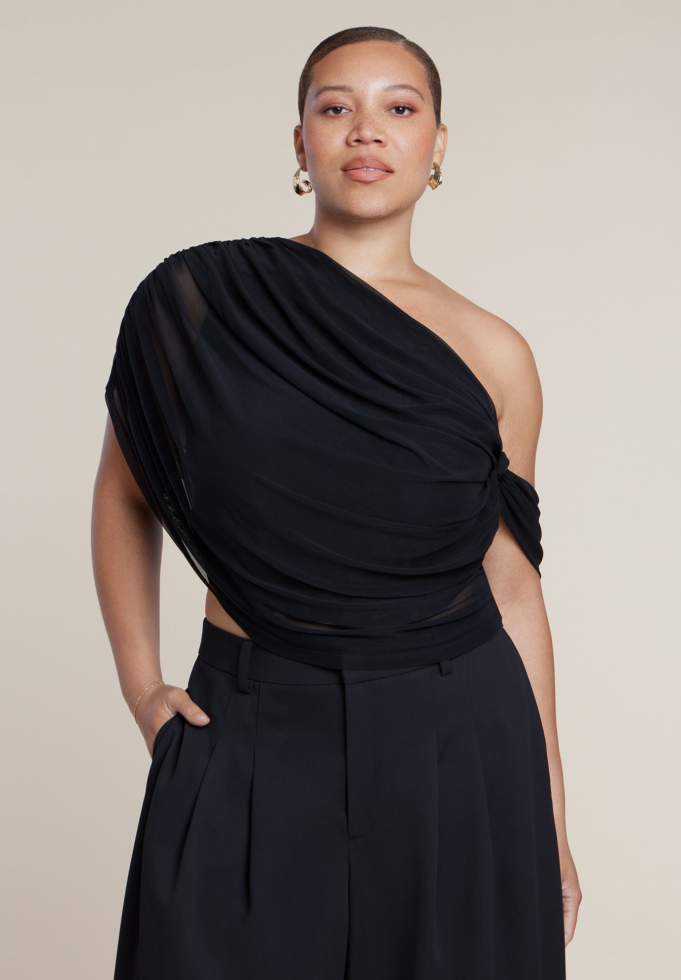 Semi-Sheer Twisted One-Shoulder Top image number 0