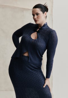 Open Neck Metallic Cable Knit Sweater