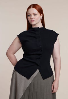 Pleated Button-Front Mock Neck Top