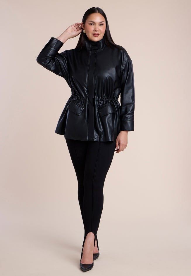 Faux Leather Funnel Neck Cinched-Waist Jacket image number 3
