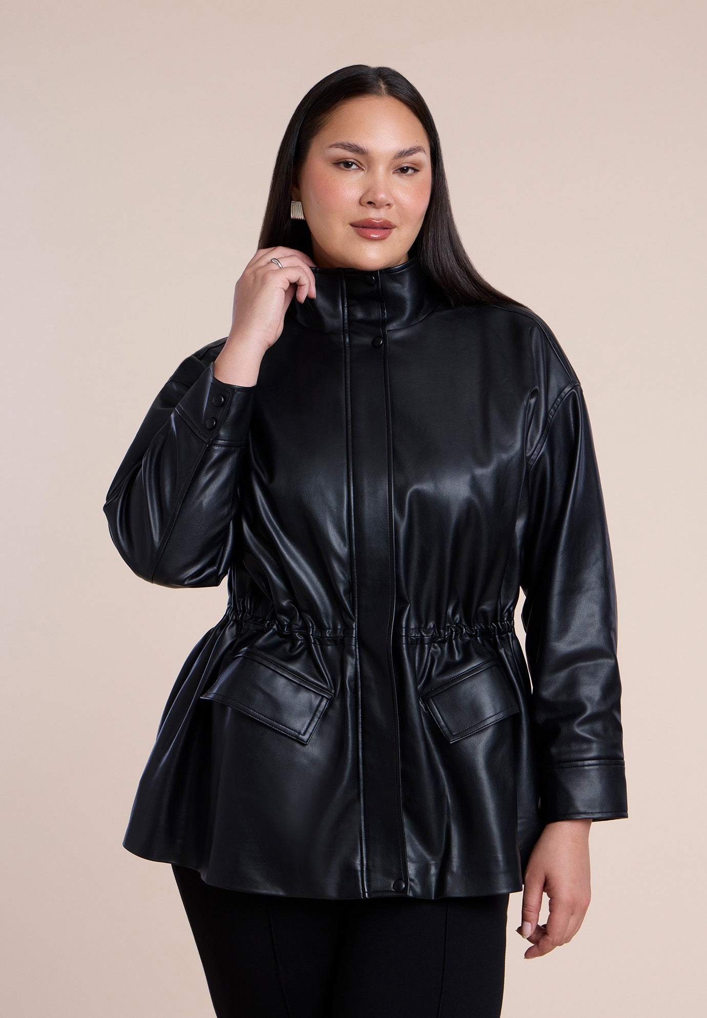 Faux Leather Funnel Neck Cinched-Waist Jacket image number 0