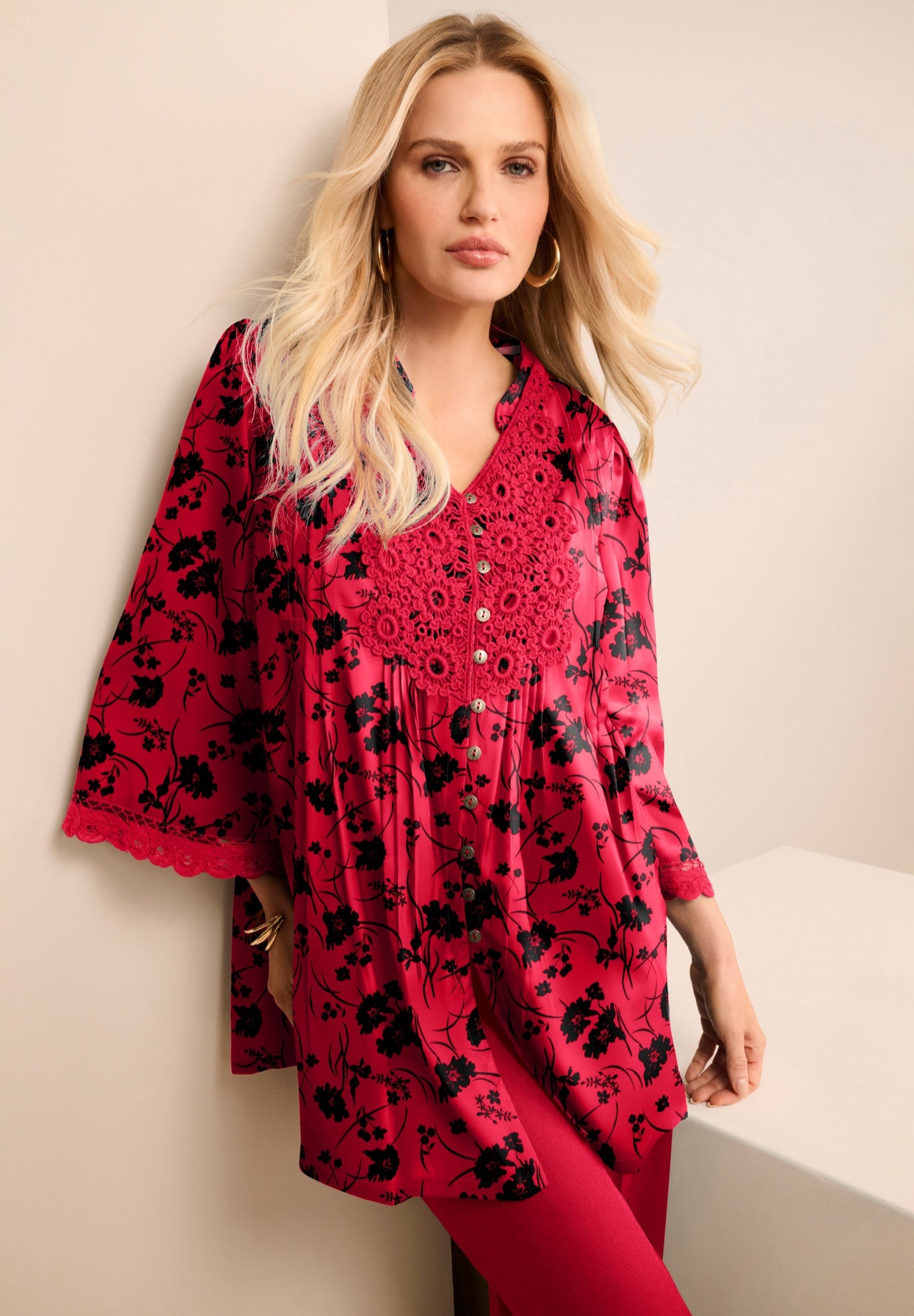 Plus Size Juliet Lace Trim Button-Down Shirt image number 0