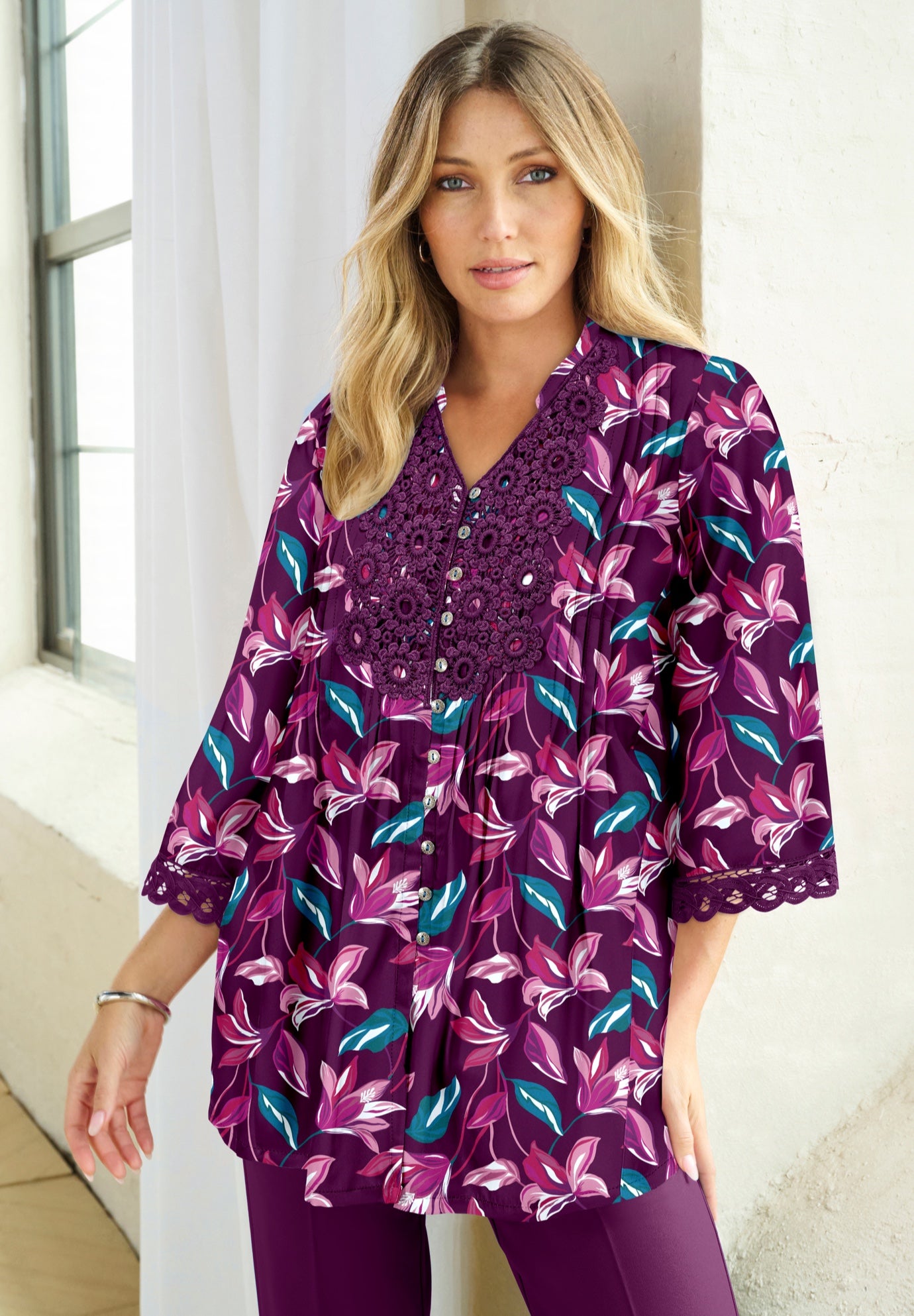 Plus Size Juliet Lace Trim Button-Down Shirt image number 0