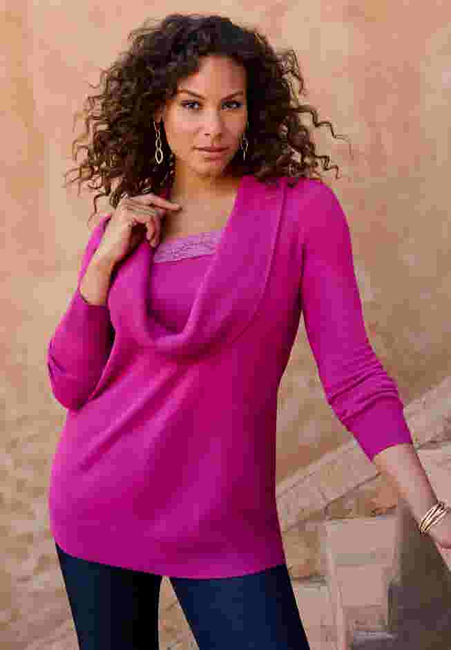 Plus Size Lightweight Cowl Neck Sweater with Lace Trim image number 0