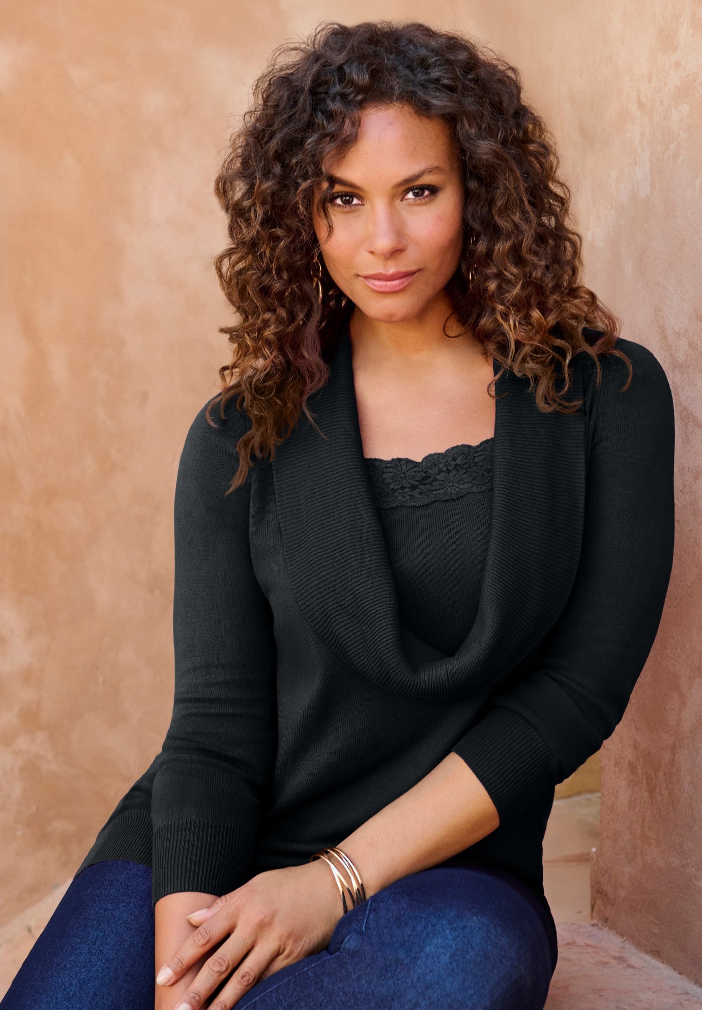 Plus Size Lightweight Cowl Neck Sweater with Lace Trim image number 0