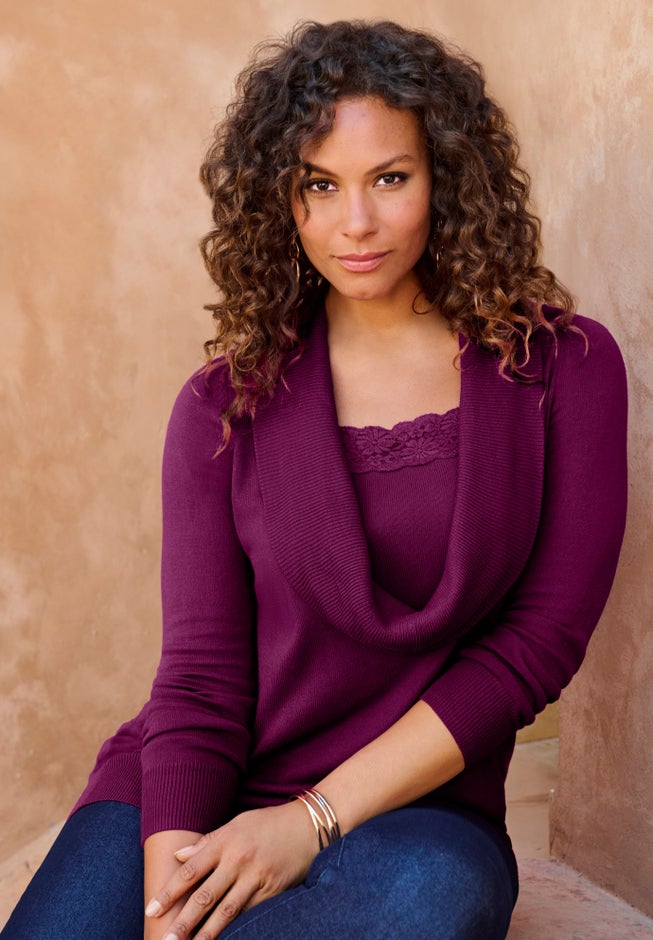 Plus Size Lightweight Cowl Neck Sweater with Lace Trim image number 1