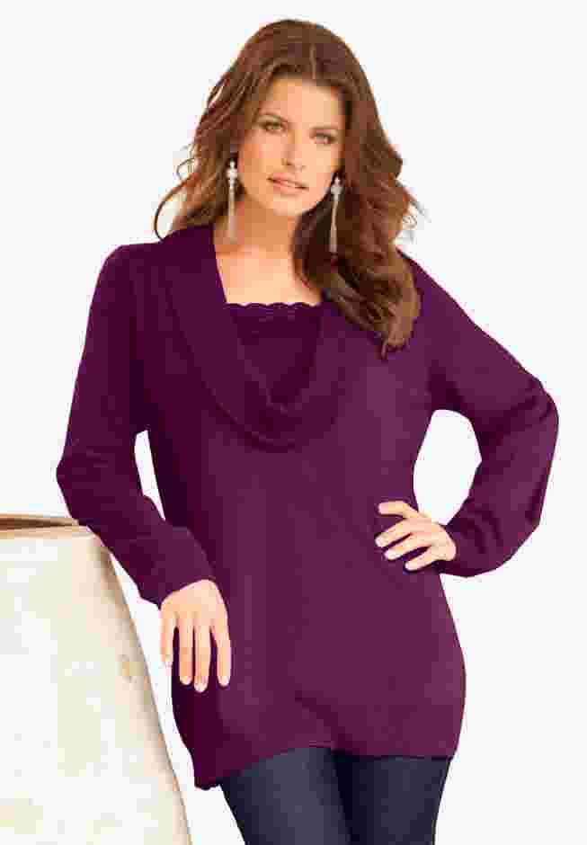 Plus Size Lightweight Cowl Neck Sweater with Lace Trim image number 2