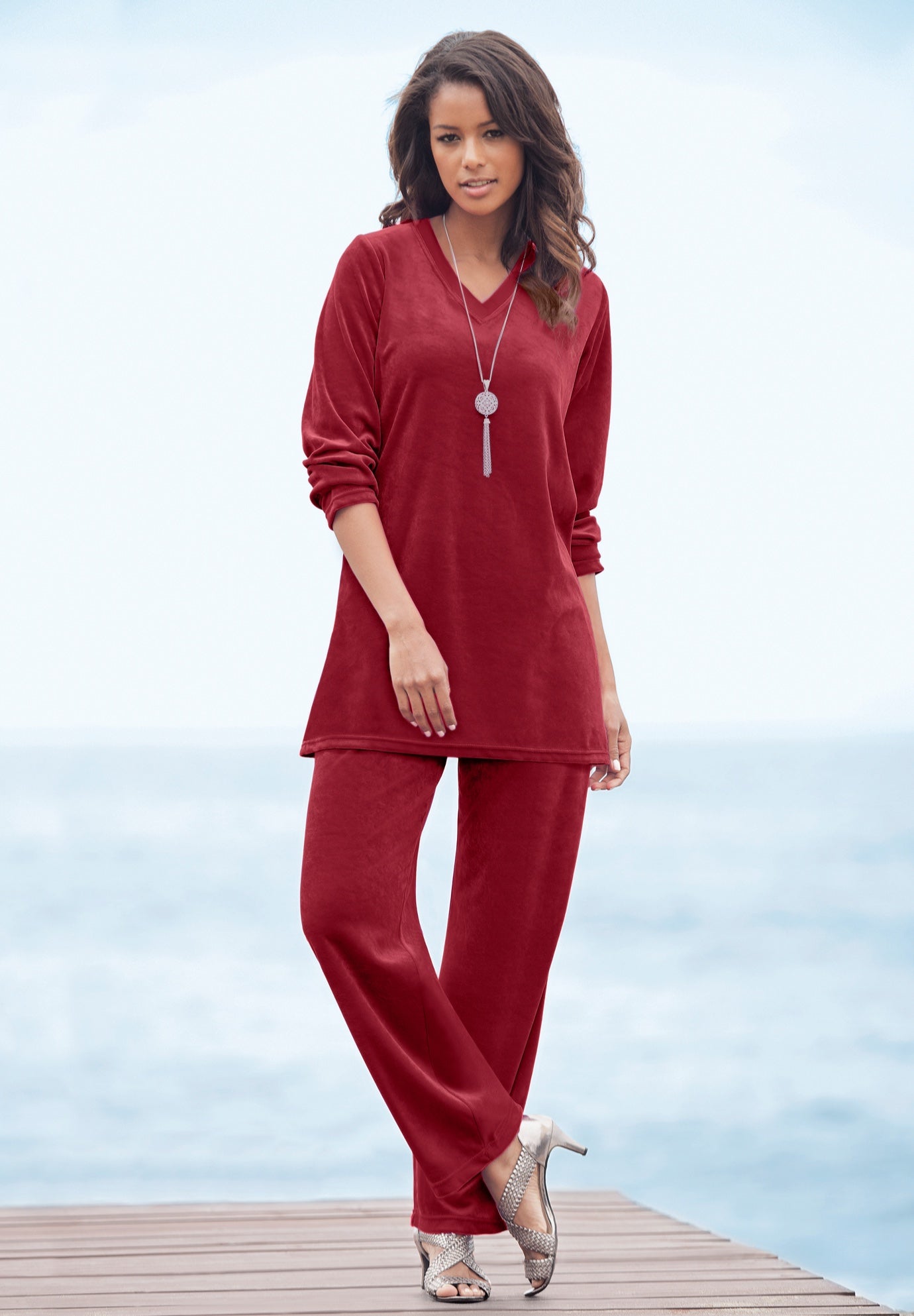 Plus Size Two-Piece V-Neck Velour Set image number 0