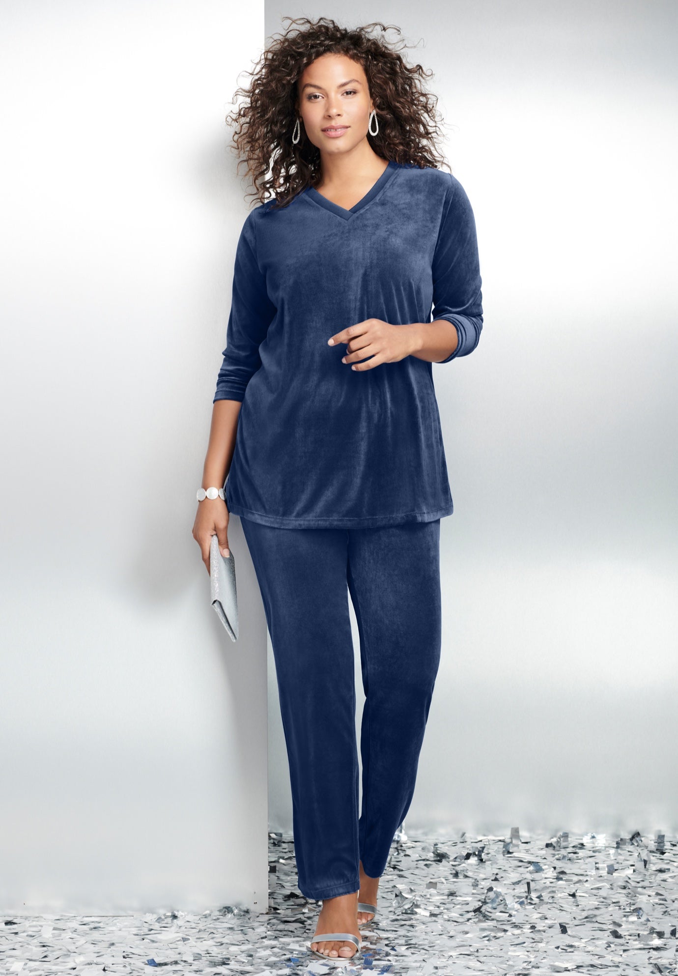 Plus Size Two-Piece V-Neck Velour Set image number 0