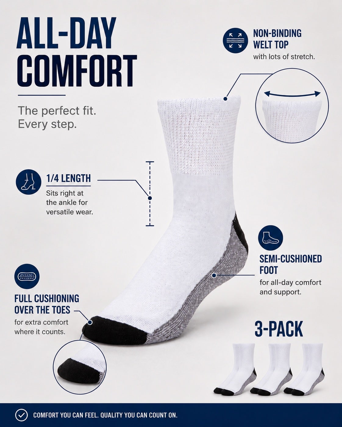 1/4 Length Cushioned Crew Socks 3-Pack image number 1