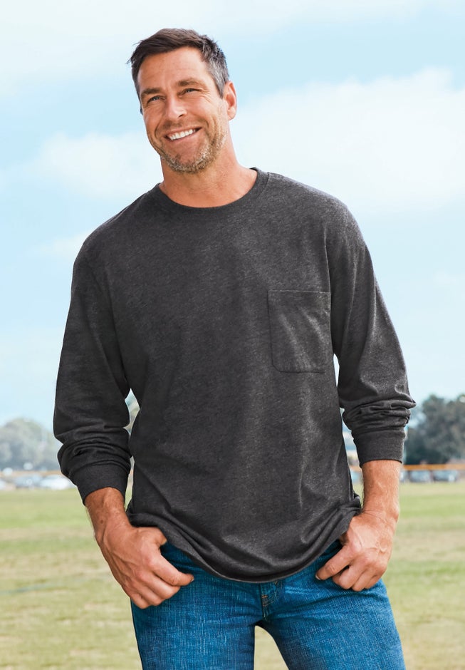 Shrink-Less™ Lightweight Long-Sleeve Crewneck Pocket T-Shirt image number 4