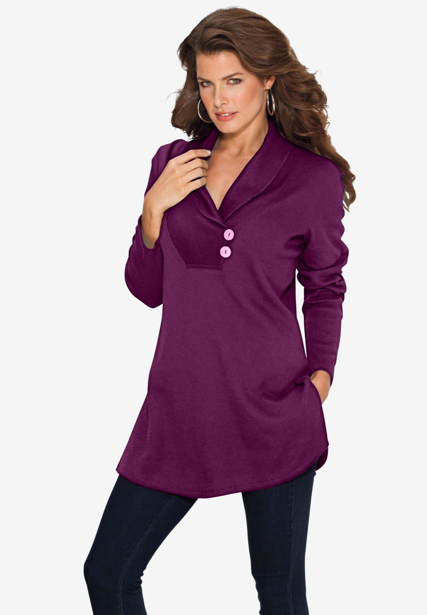 Plus Size Knit Thermal Shawl Collar Top – Long Sleeve image number 0