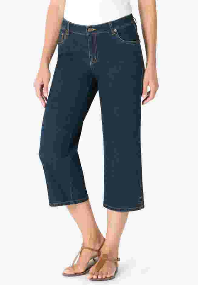 Womens Plus-Size Stretch Denim Five-Pocket Capri Jeans image number 0