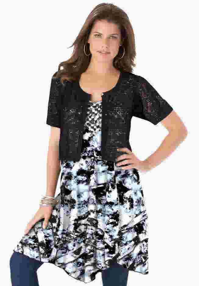 Cropped Pointelle Short Sleeve Cardigan Sweater image number 0