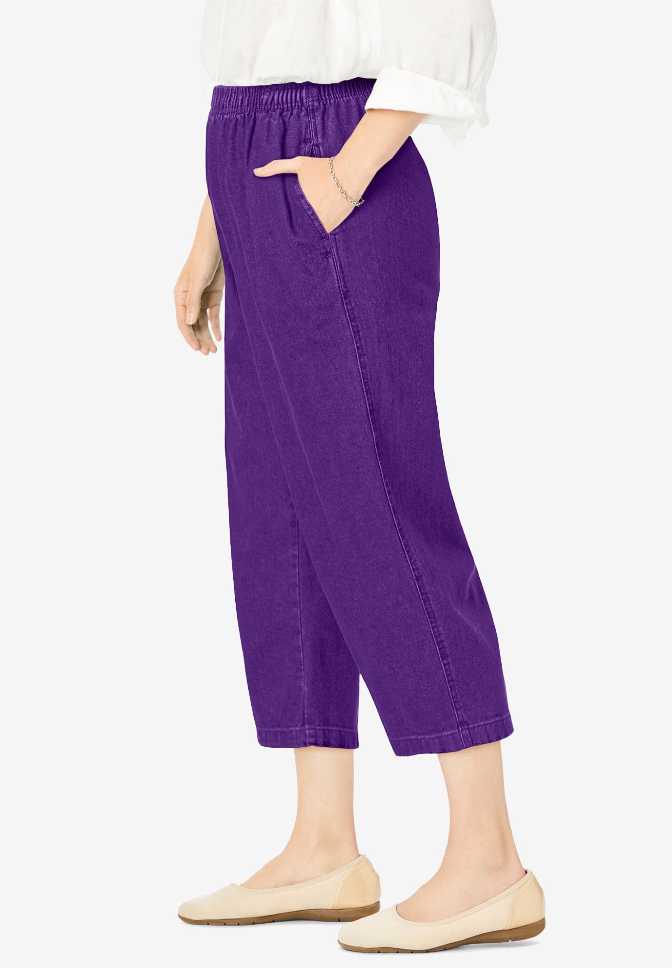 7-Day Elastic-Waist Pull-On Cotton Denim Capri Jeans image number 2