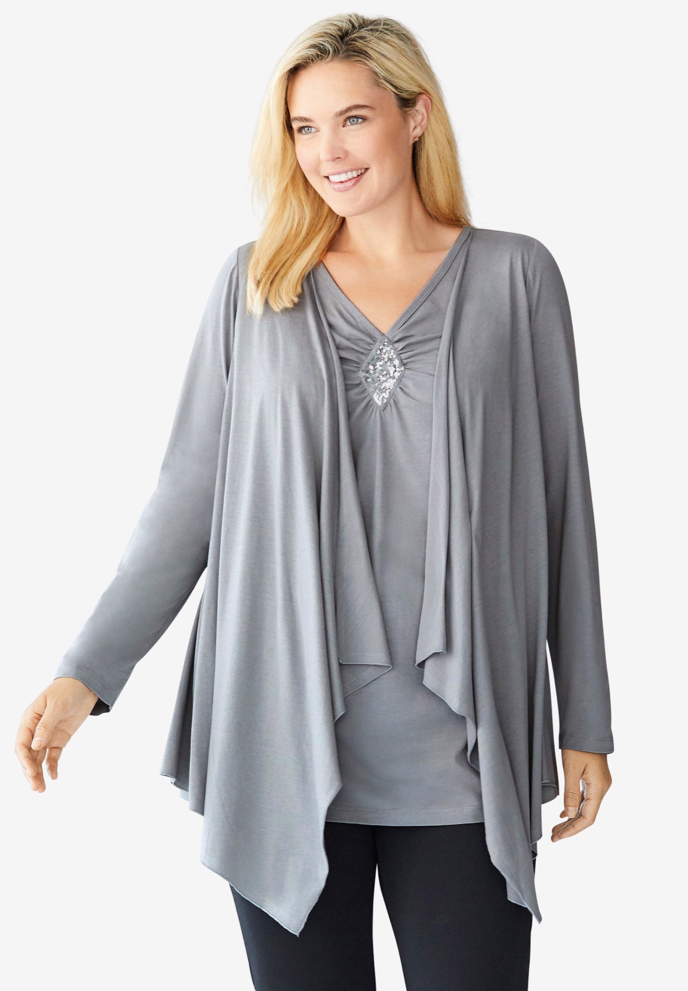 Layered look long top with sequined inset image number 0