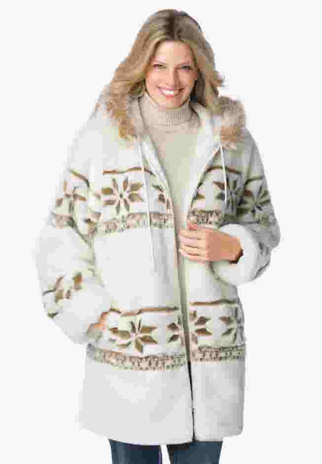 Faux Fur Snowflake Print Hooded Jacket image number 0
