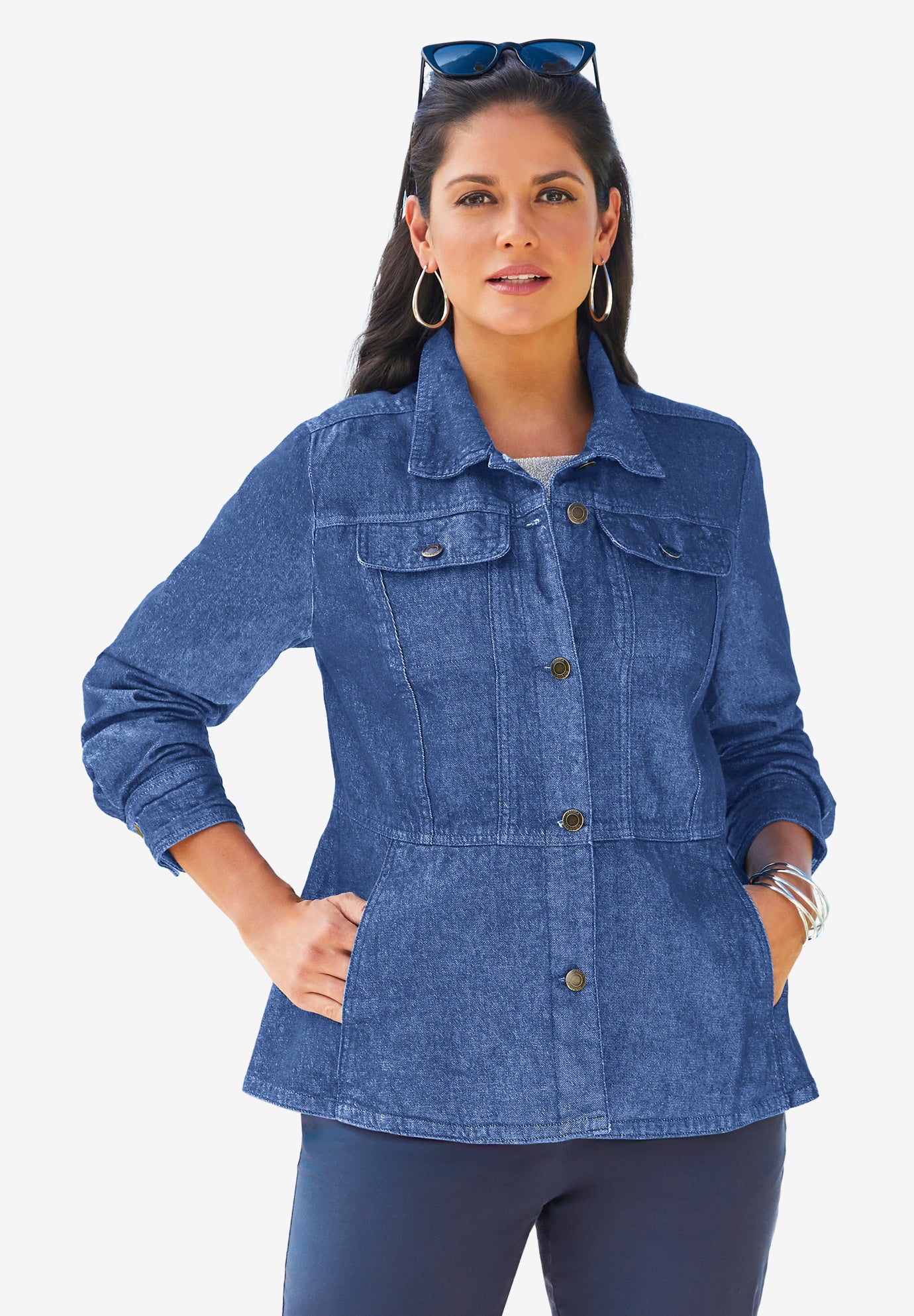 Button Front Peplum Denim Jacket | OneStopPlus