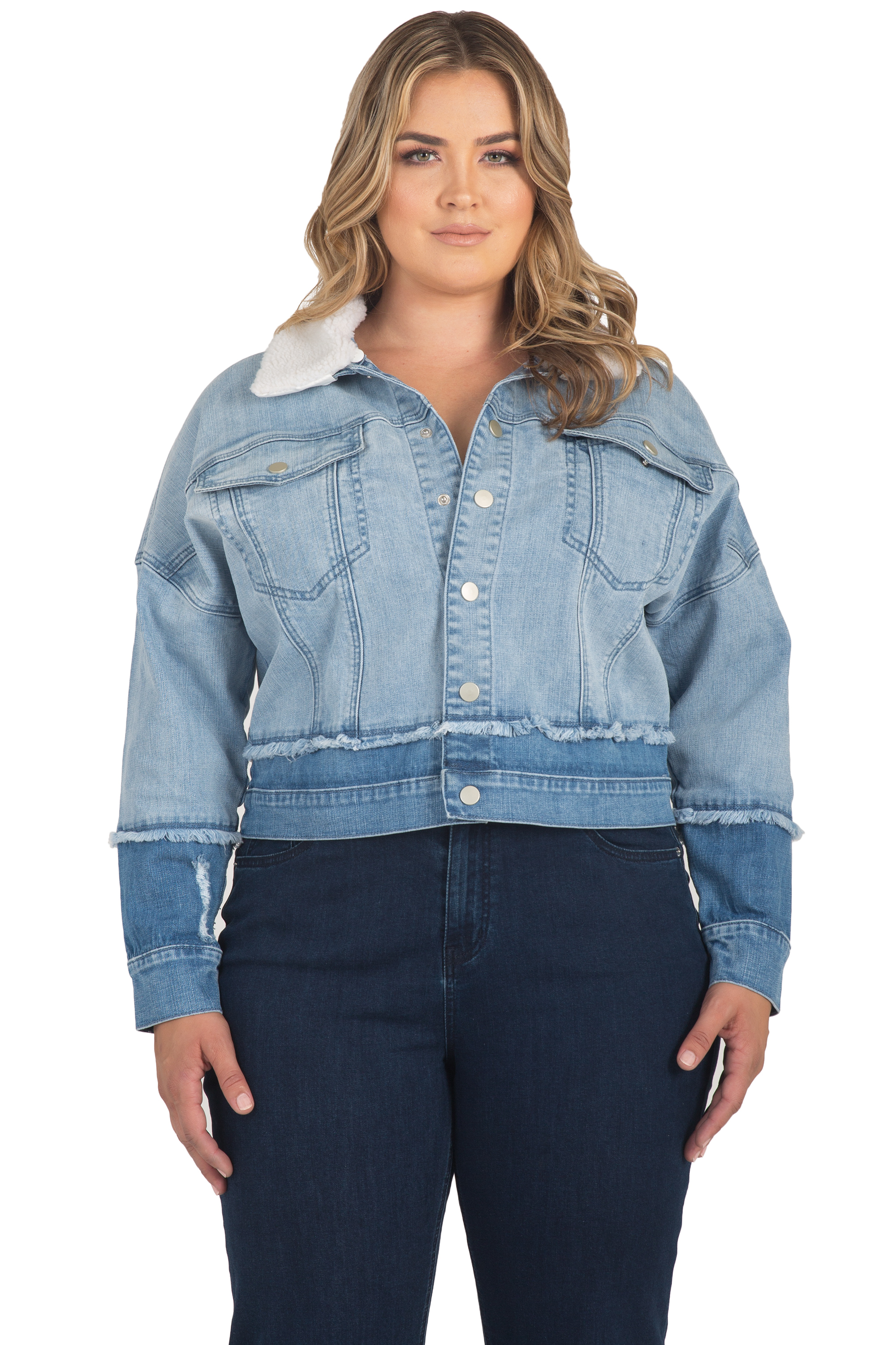Women's Plus Size Two-Tone Refurbished Denim Trucker Jacket with ...