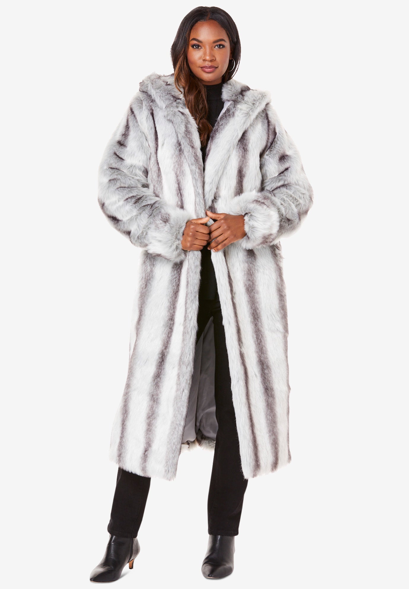 Full length faux fur coat with hood Clearance