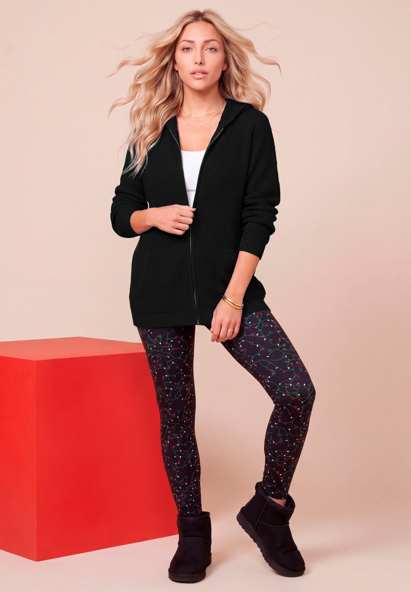 Plus Size Waffle Knit Zip-Front Relaxed Hoodie | OneStopPlus