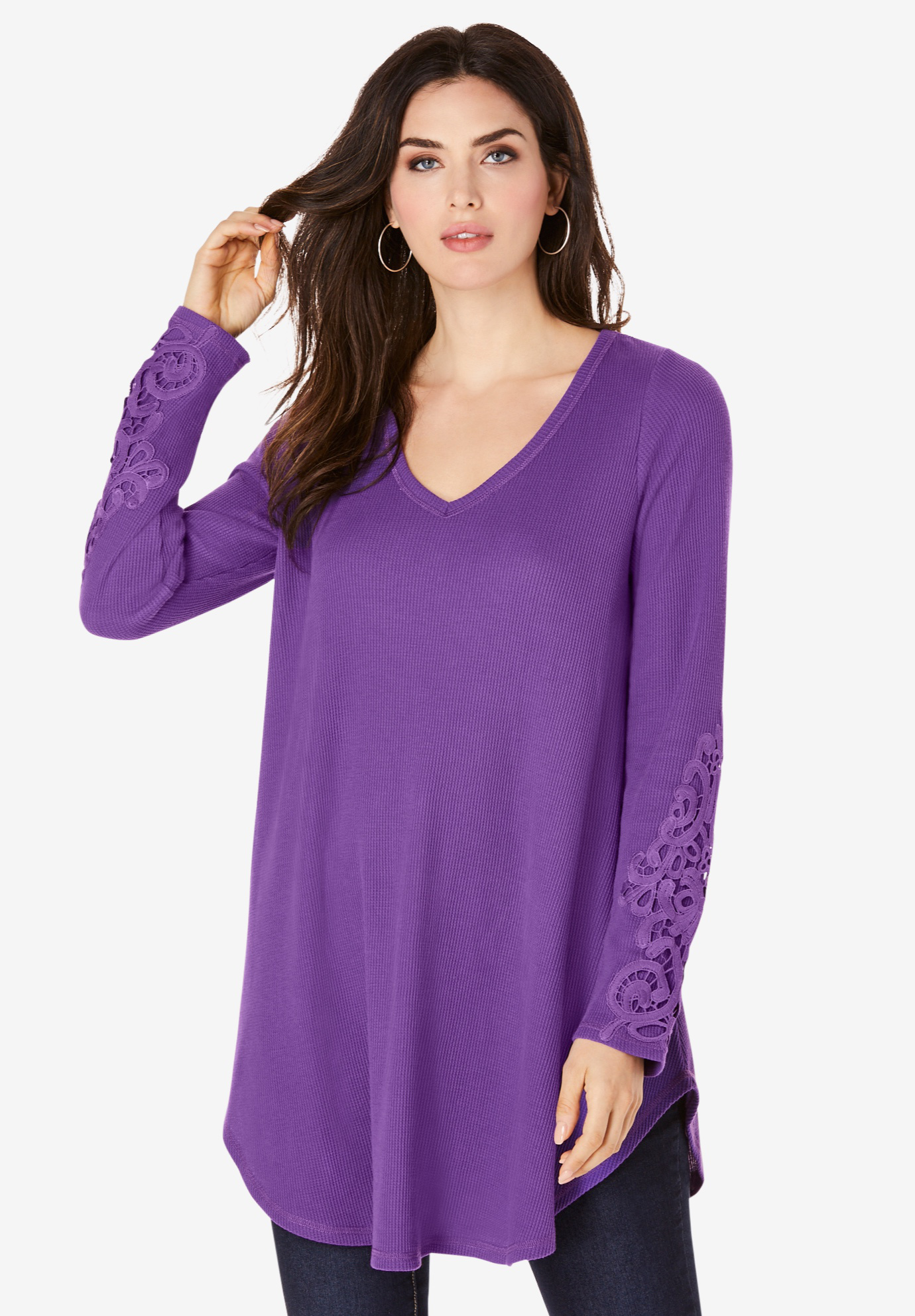 V-Neck Lace-Sleeve Thermal Tunic, 