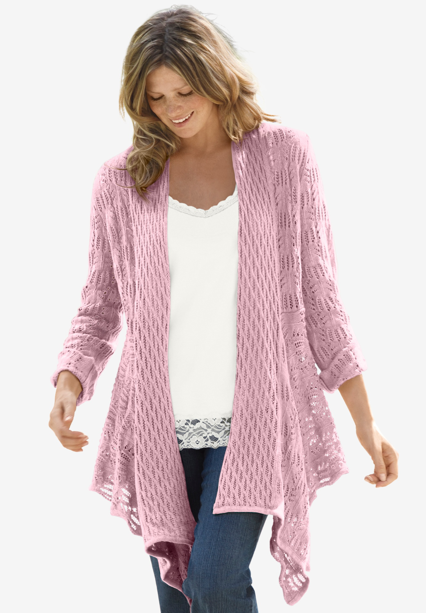 Open Front Pointelle Cardigan, 