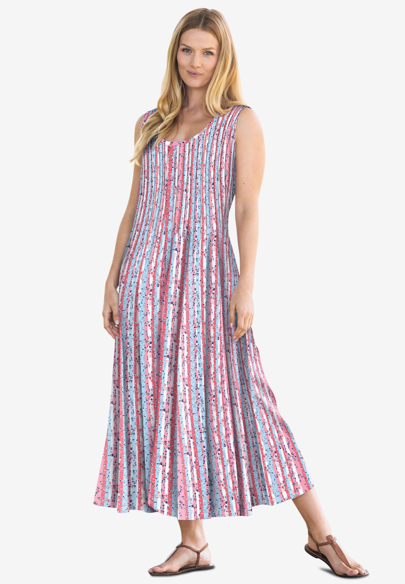 Pintucked Floral Sleeveless Dress | OneStopPlus
