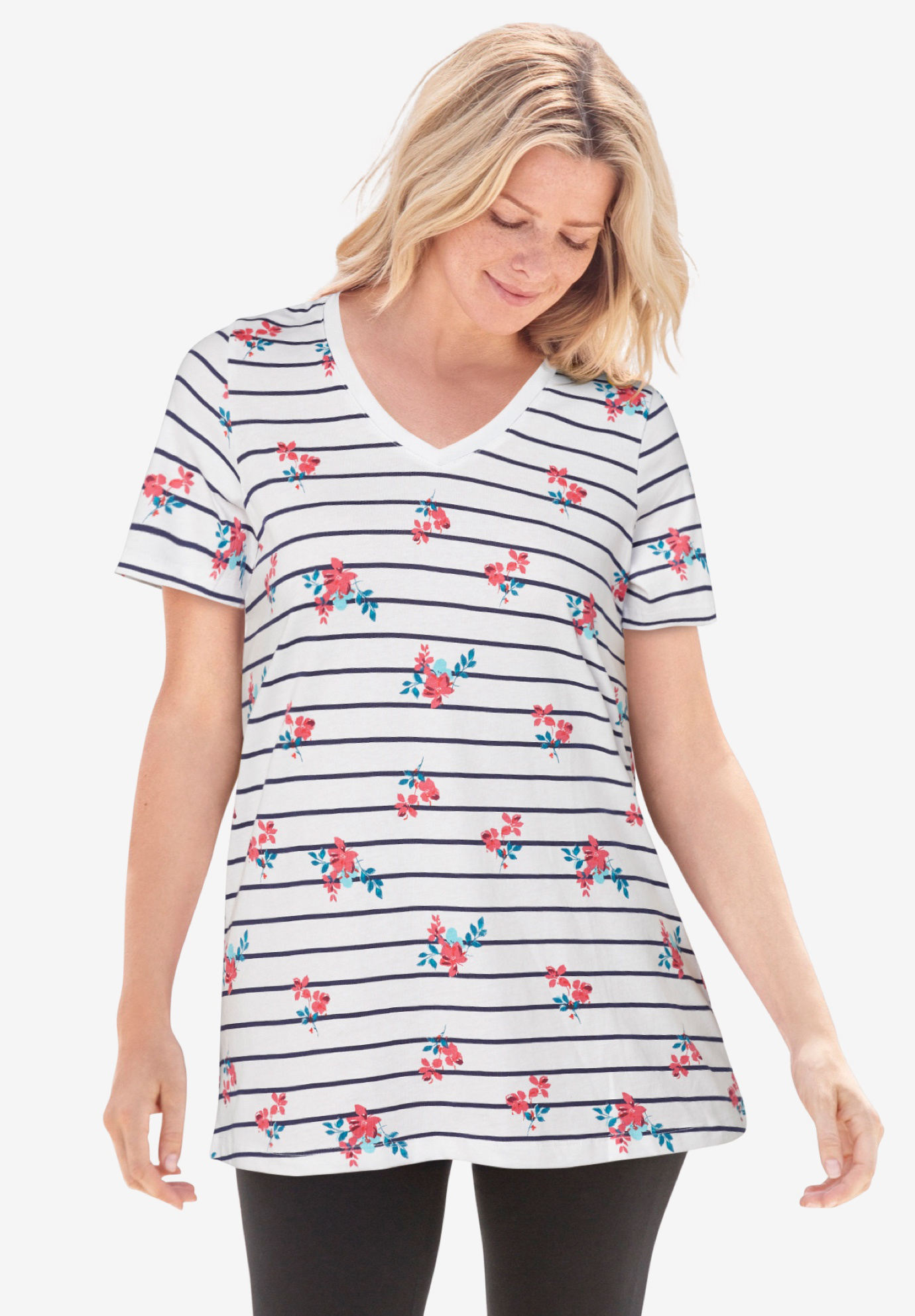 Perfect Printed Short-Sleeve V-Neck Tee, 