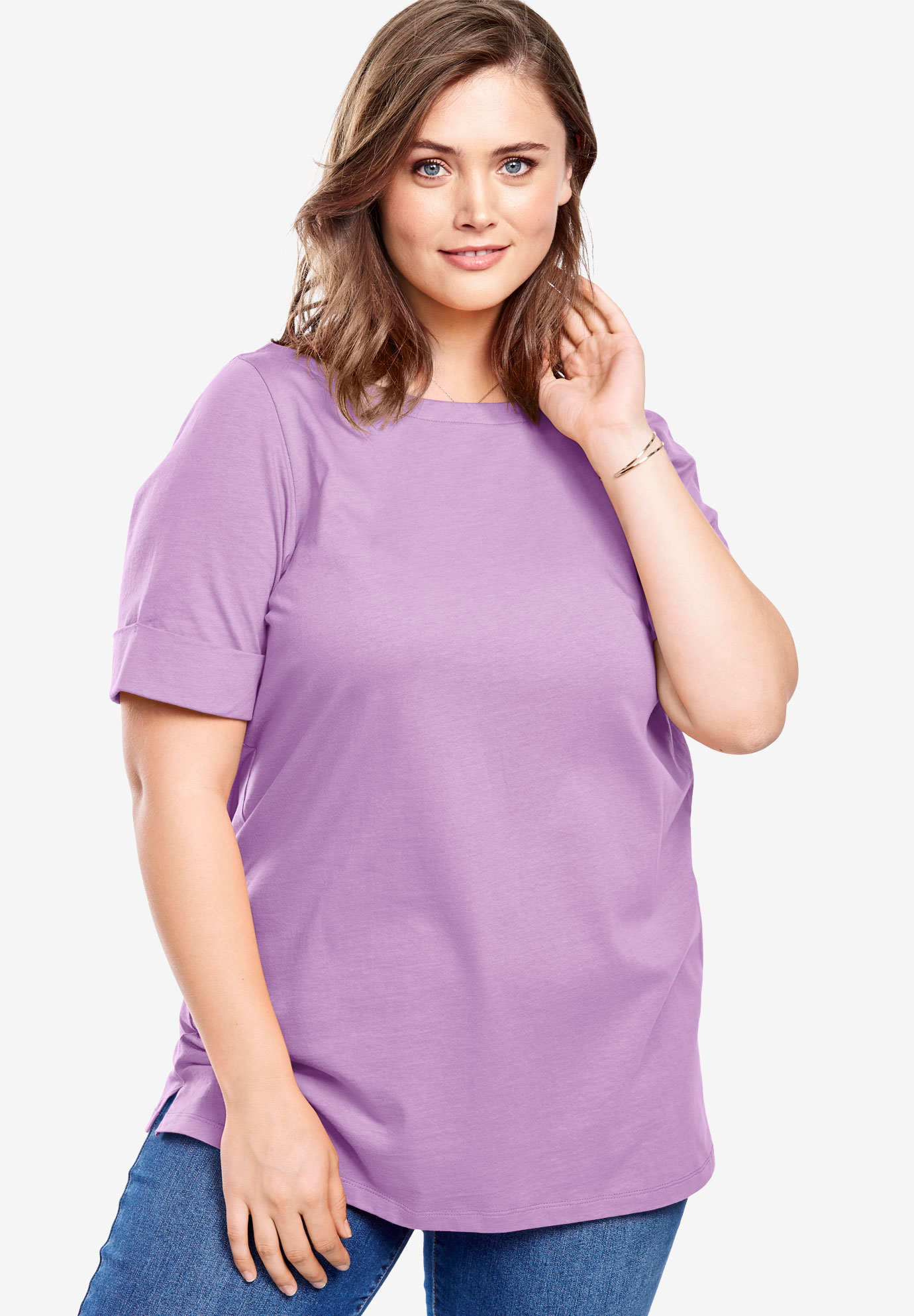 Perfect Cuffed Elbow-Sleeve Boat-Neck Tee, 