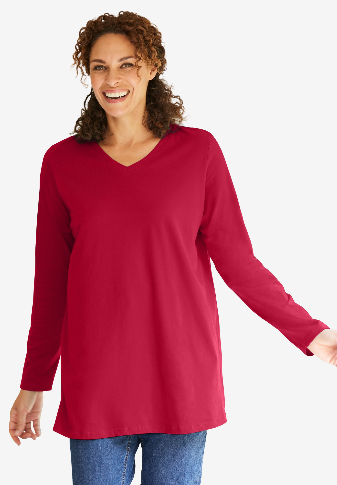Perfect Long Sleeve V-Neck Tunic, CLASSIC RED