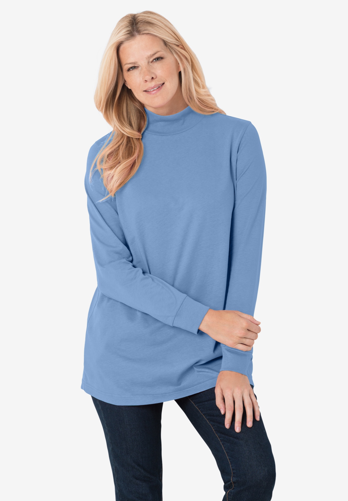 Perfect Long-Sleeve Mock-Neck Tee, FRENCH BLUE