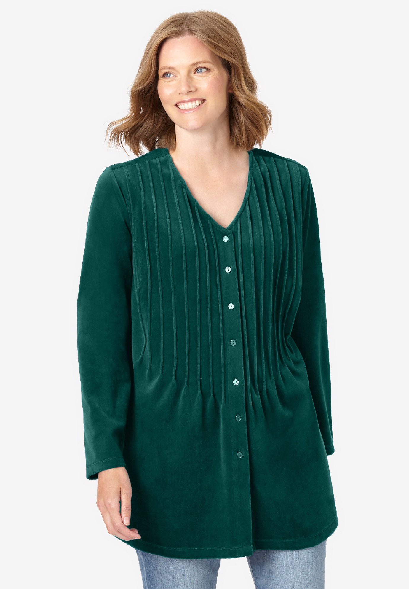 Knit velour tunic shirt in a comfortable A-line with pintucks, 
